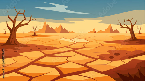 The hot dry air filled the lungs and settled on the skin a constant reminder of the harsh conditions in the parched field with cracked soil.. Vector illustration