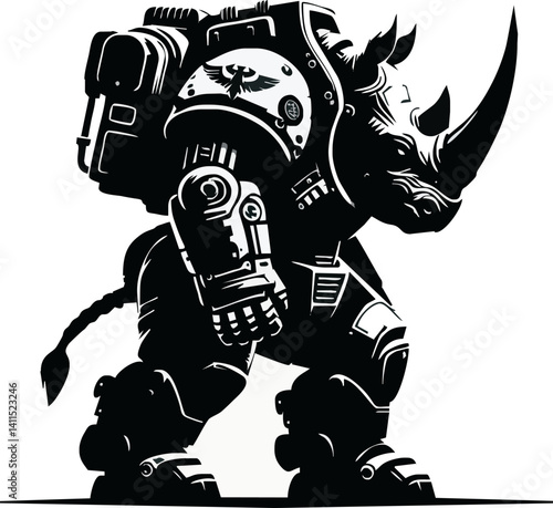 Robotic rhino, mechanical beast, black and white illustration, heavy armor plating, industrial design, sci-fi creature, steampunk aesthetics, chunky robot parts, menacing pose, futuristic rhinoceros, 