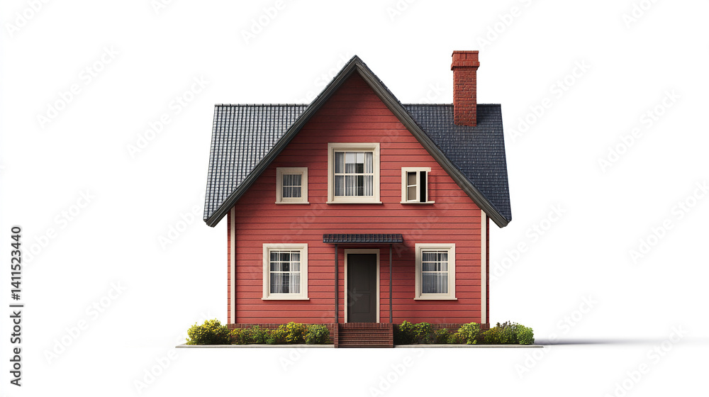 Red house with gable roof and chimney on white background Red house with gable roof and chimney on white background