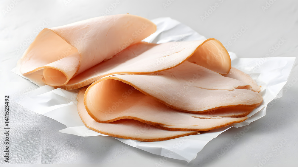 Thin Slices of Cooked Delicately Prepared Meat on White Background for Culinary Presentation and Stock Photography Thin Slices of Cooked Delicately Prepared Meat on White Background for Culinary Presentation and Stock Photography