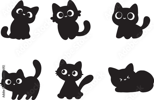A cute cartoon set collection of black and white cat animal icons