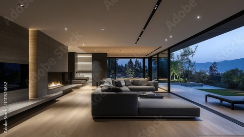 Wallpaper Mural Modern Luxury Living Room Interior Design with Stone Fireplace and Panoramic View Torontodigital.ca