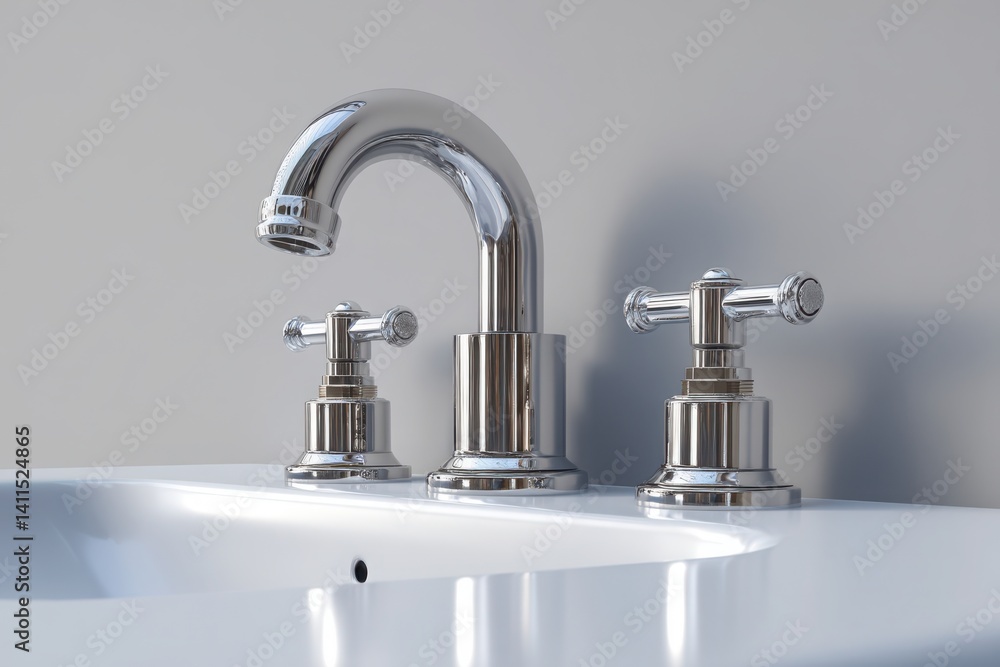 Shiny chrome bathroom faucet with two handles on modern white sink against plain wall background. Copy space Shiny chrome bathroom faucet with two handles on modern white sink against plain wall background. Copy space