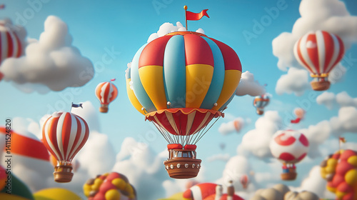 Colorful hot air balloons floating among clouds in a bright sky.