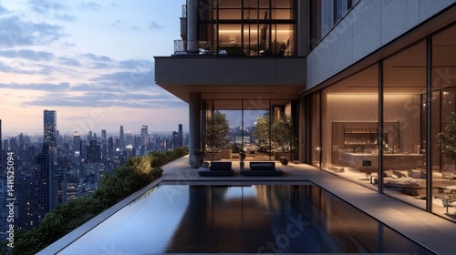 Luxury Penthouse City View at Dusk with Infinity Pool