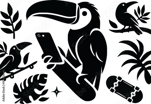 Black and white tropical illustration, toucan silhouette, botanical leaves, graphic design style, papercut aesthetic, minimalist jungle motif, contrasting shapes, exotic birds, stylized flora, vector 