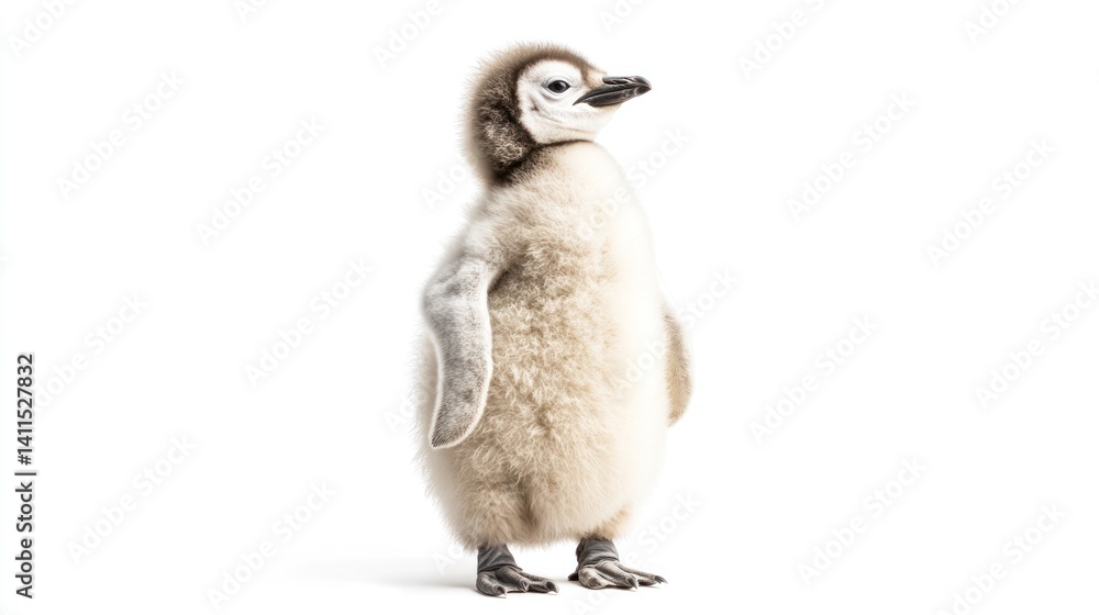 Naklejka premium A fluffy and curious young penguin bird standing on white backdrop