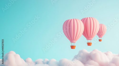 Three pink hot air balloons floating above fluffy clouds against a blue sky.