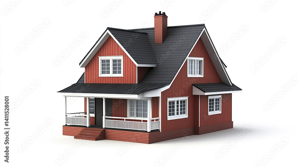 Red wooden house with white trim and chimney, featuring porch Red wooden house with white trim and chimney, featuring porch