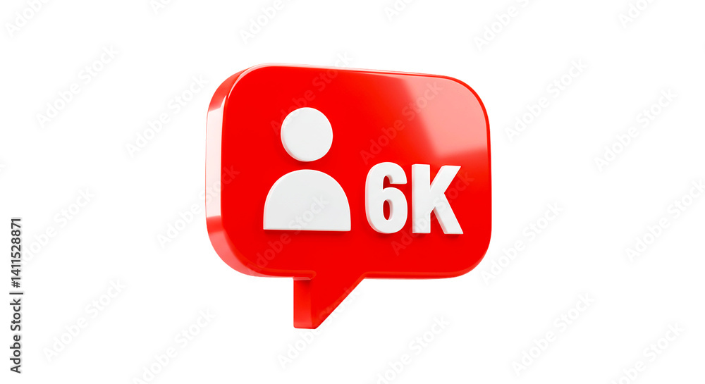 Fototapeta premium Red notification bubble with white person icon and text showing six thousand followers on black