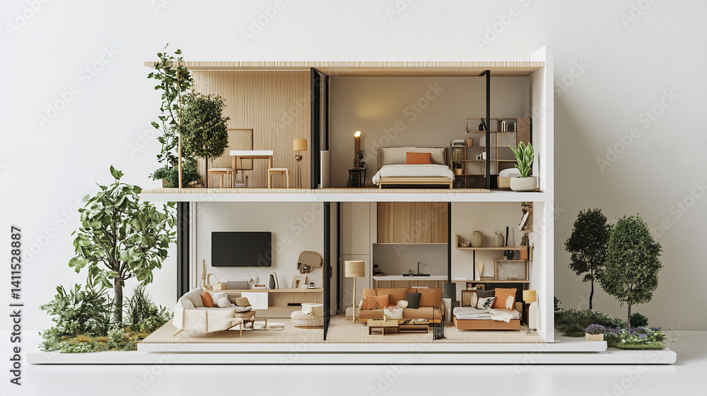 Fototapeta premium Modern two story house model with open interior design and greenery