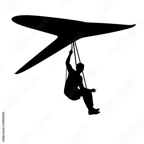 Hang glider flying in silhouette against a white background