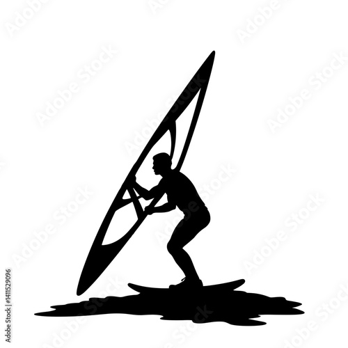 Silhouette of windsurfer balancing on water surface