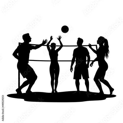 Silhouette of four people playing volleyball against a white background