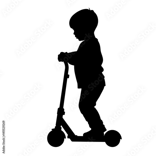 Child riding scooter in silhouette