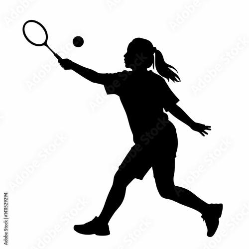 Girl playing tennis with racket and ball against a white background