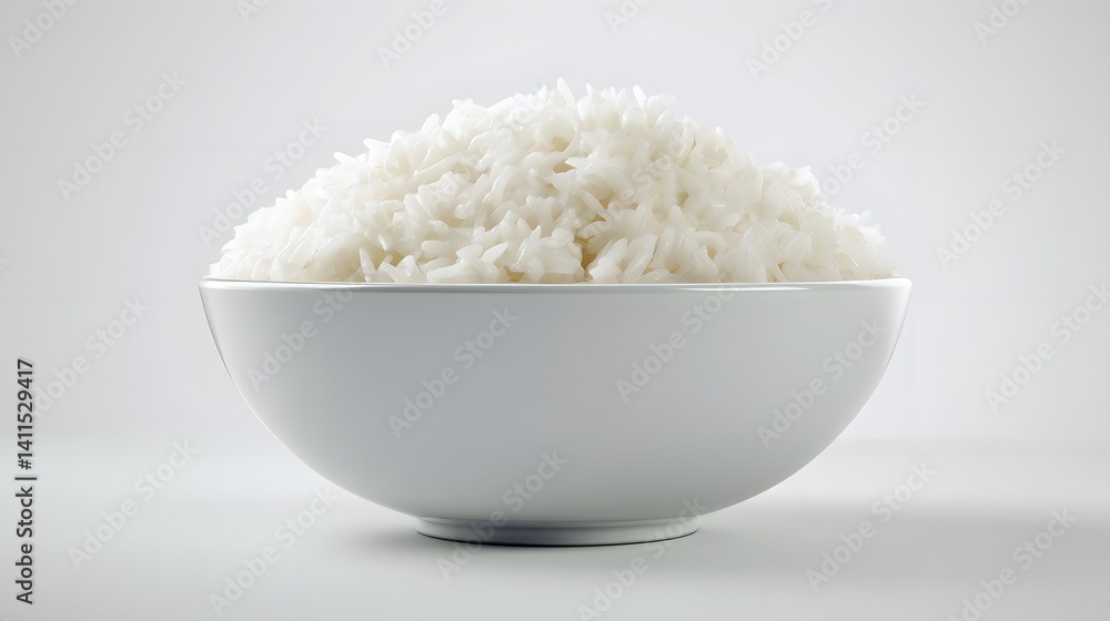 Photorealistic simple white ceramic bowl filled with fluffy rice on a minimalist background Photorealistic simple white ceramic bowl filled with fluffy rice on a minimalist background