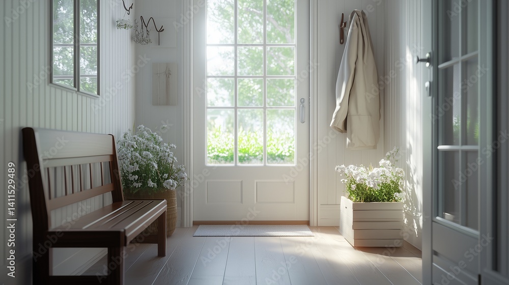 Hallway with bench and door. Farmhouse with white bench and wooden coat rack in the hallway. Vintage door decor with a glass front. A corridor featuring a bench and lifestyle a door. Hallway with bench and door. Farmhouse with white bench and wooden coat rack in the hallway. Vintage door decor with a glass front. A corridor featuring a bench and lifestyle a door.