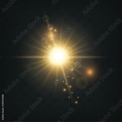 Brilliant golden light burst with sparkling particles against a dark background, ideal for enhancing designs, theatrical productions, and celebrations, adding a dazzling effect to visuals.
