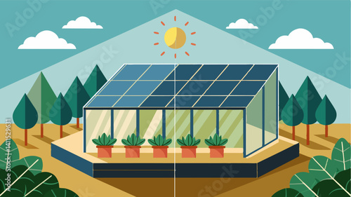By blocking out excessive sunlight the automated shading system helps regulate temperatures inside the greenhouse creating a more stable environment for plants to thrive in.. Vector illustration
