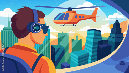 The travel blogger sitting in the air taxi captures stunning footage of the skyhigh cityscape through their AR glasses adding a unique perspective to their vlog.. Vector illustration
