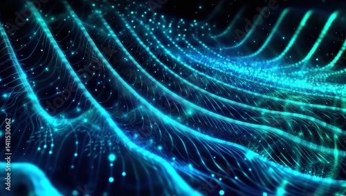 Dynamic Blue Waves Flowing in a Dark Space with Glowing Particles Creating a Mesmerizing Effect
