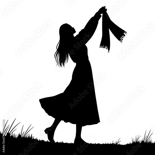 Silhouette of a woman joyfully waving a scarf against a white background