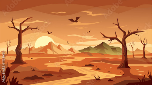 The absence of birds and insects in the barren landscape was a haunting reminder of the devastating impact of prolonged drought.. Vector illustration