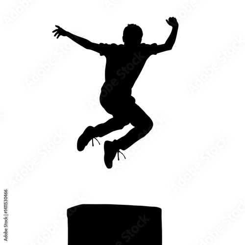 Silhouette of a boy jumping against a white background