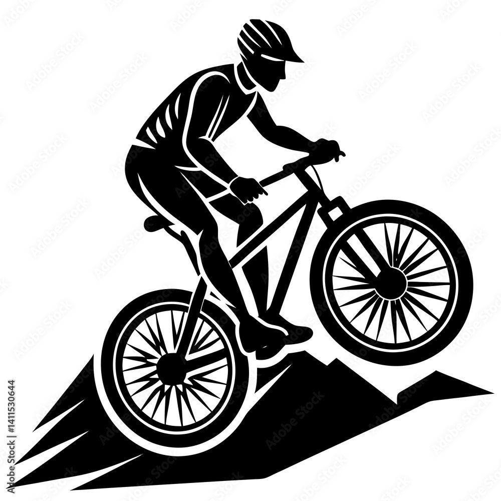 Obraz premium Line art vector silhouette of a mountain biker riding on rough terrain