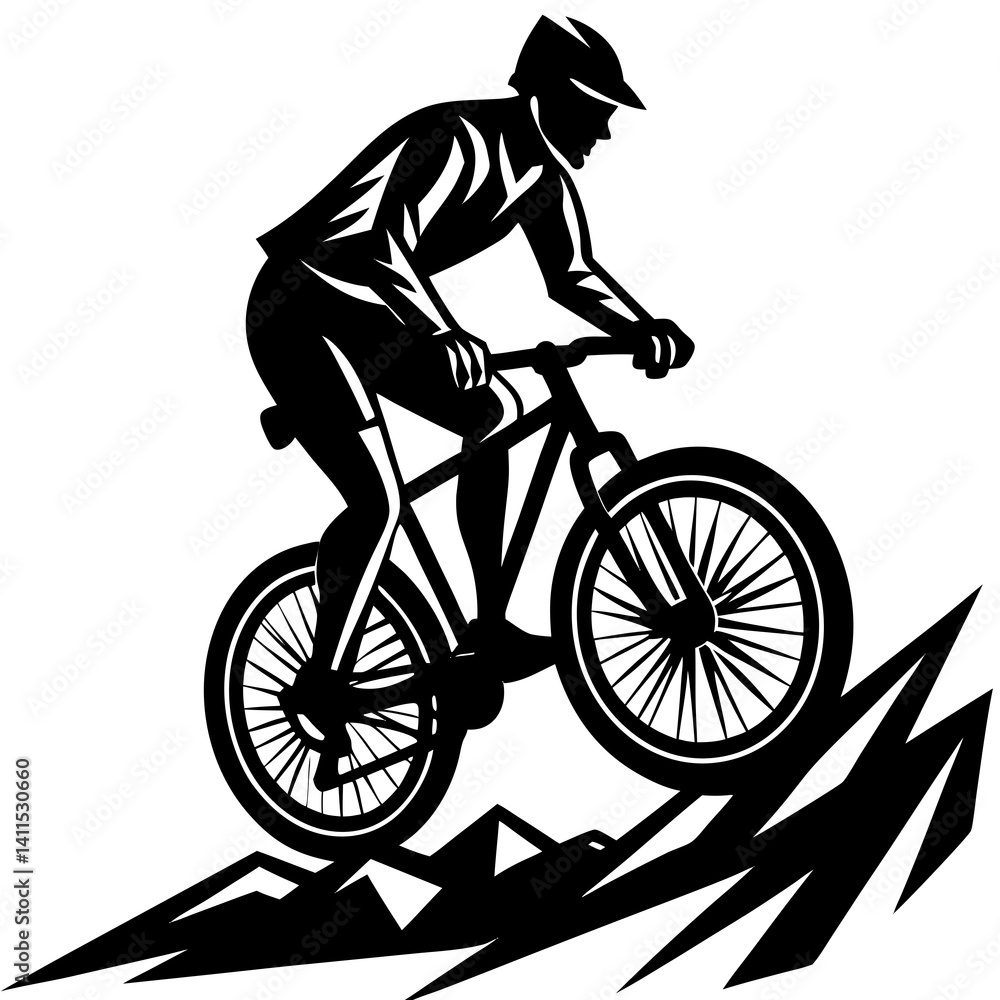 Fototapeta premium Line art vector silhouette of a mountain biker riding on rough terrain