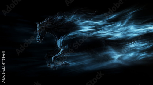 A black horse made of glowing blue lines gallops in darkness, digital art style