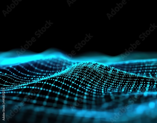 Illuminated Blue Waves of Digital Data Flowing Across a Dark Landscape
