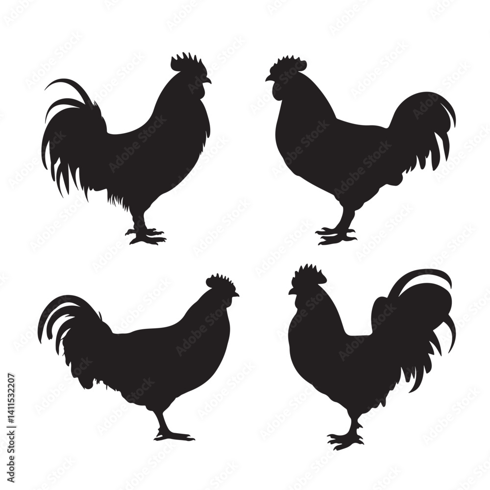 Fototapeta premium Silhouette of Rooster and chicken hen vector icon set illustration on white background.