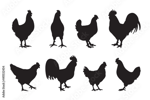 Silhouette of Rooster and chicken hen vector icon set illustration on white background.
