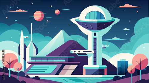 The futuristic design of the eVTOLs only adds to the already impressive atmosphere of the science park further promoting the idea of progress and advancement.. Vector illustration