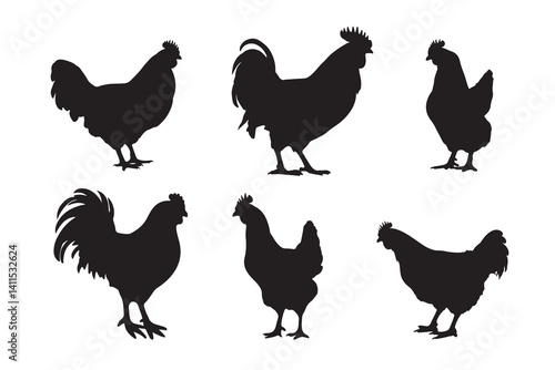 Silhouette of Rooster and chicken hen vector icon set illustration on white background.