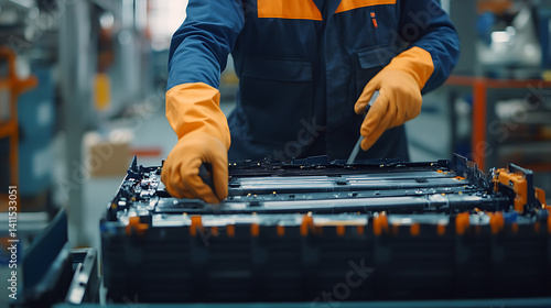 Recycling technician handling used lithium battery components. Featuring sustainability efforts