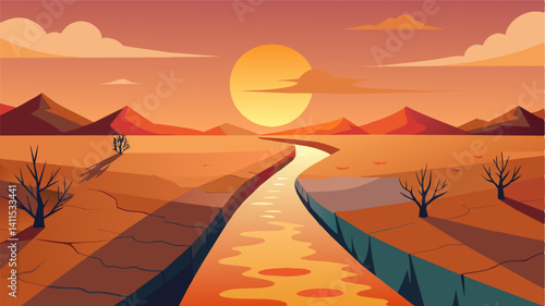 As the sun sets over the parched land the irrigation ditch serves as a solemn reminder of the harsh reality that without water life cannot thrive.. Vector illustration