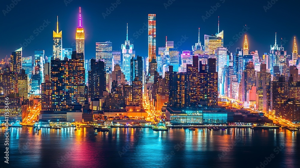 Fototapeta premium Vibrant nighttime cityscape skyline panorama reflecting on water.