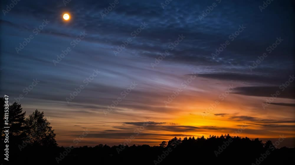 Early dawn silent landscape concept. A serene twilight sky featuring soft pastel colors, wispy clouds, and a crescent moon above a silhouetted horizon of trees. Early dawn silent landscape concept. A serene twilight sky featuring soft pastel colors, wispy clouds, and a crescent moon above a silhouetted horizon of trees.