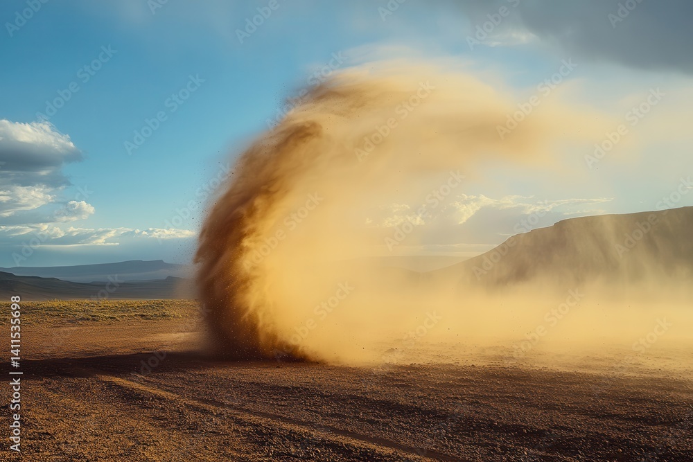 The swirling dust devil forms a mesmerizing vortex in a remote landscape for nature lovers and weather enthusiasts