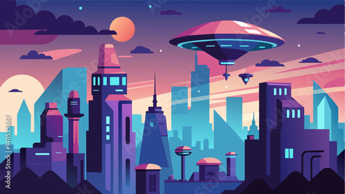 As I walked through the futuristic city the sound of eVTOLs drowned out all other noises.. Vector illustration