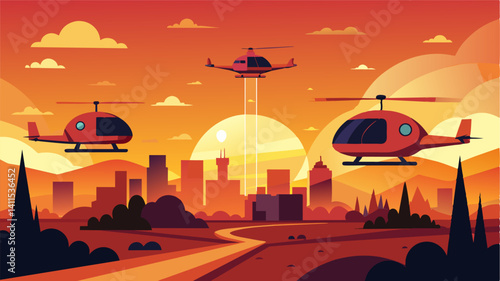As the sun sets the air taxis continue to provide transportation to the festival with their advanced navigation systems seamlessly avoiding any potential congestion or delays.. Vector illustration