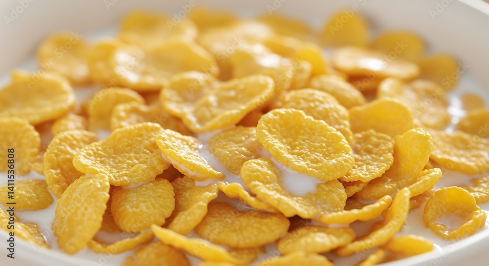 Golden Cornflakes in Milk: A Delightful Breakfast Close-up Golden Cornflakes in Milk: A Delightful Breakfast Close-up
