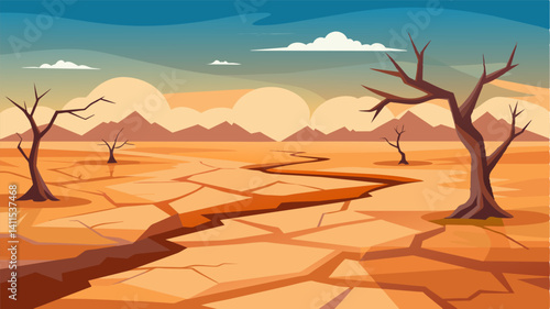 The barren land cracked and parched as if pleading for a drop of water to quench its thirst.. Vector illustration