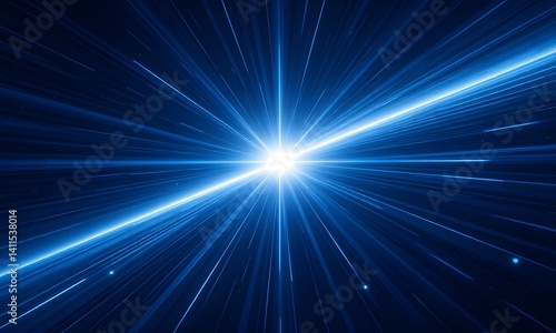 Blue ray light beams shining in darkness.