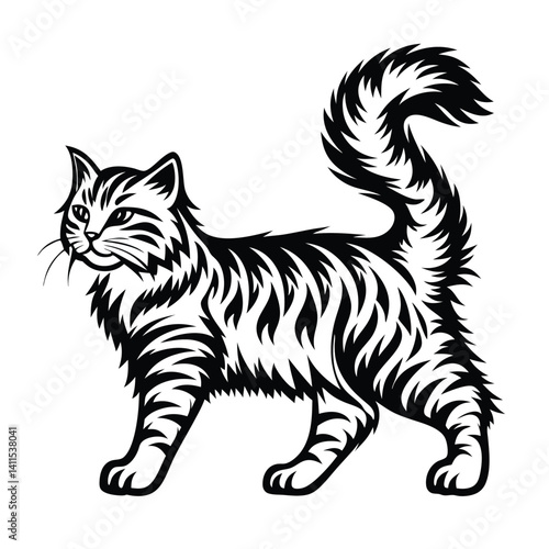 Black and White of Fluffy Cat with Striking Pattern and Bushy Tail
