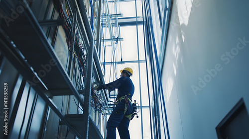 Electrician wiring a modern office building for lighting and power. Featuring electrical installation and systems