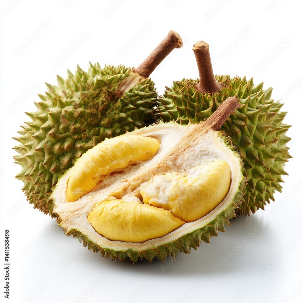 Fototapeta premium Durian fruit halved and whole on white background
